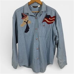 Willowbend Women Large Denim Button Up Patriotic Americana Bear Bunny Stars USA